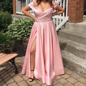 Off the shoulder pink silk prom dress